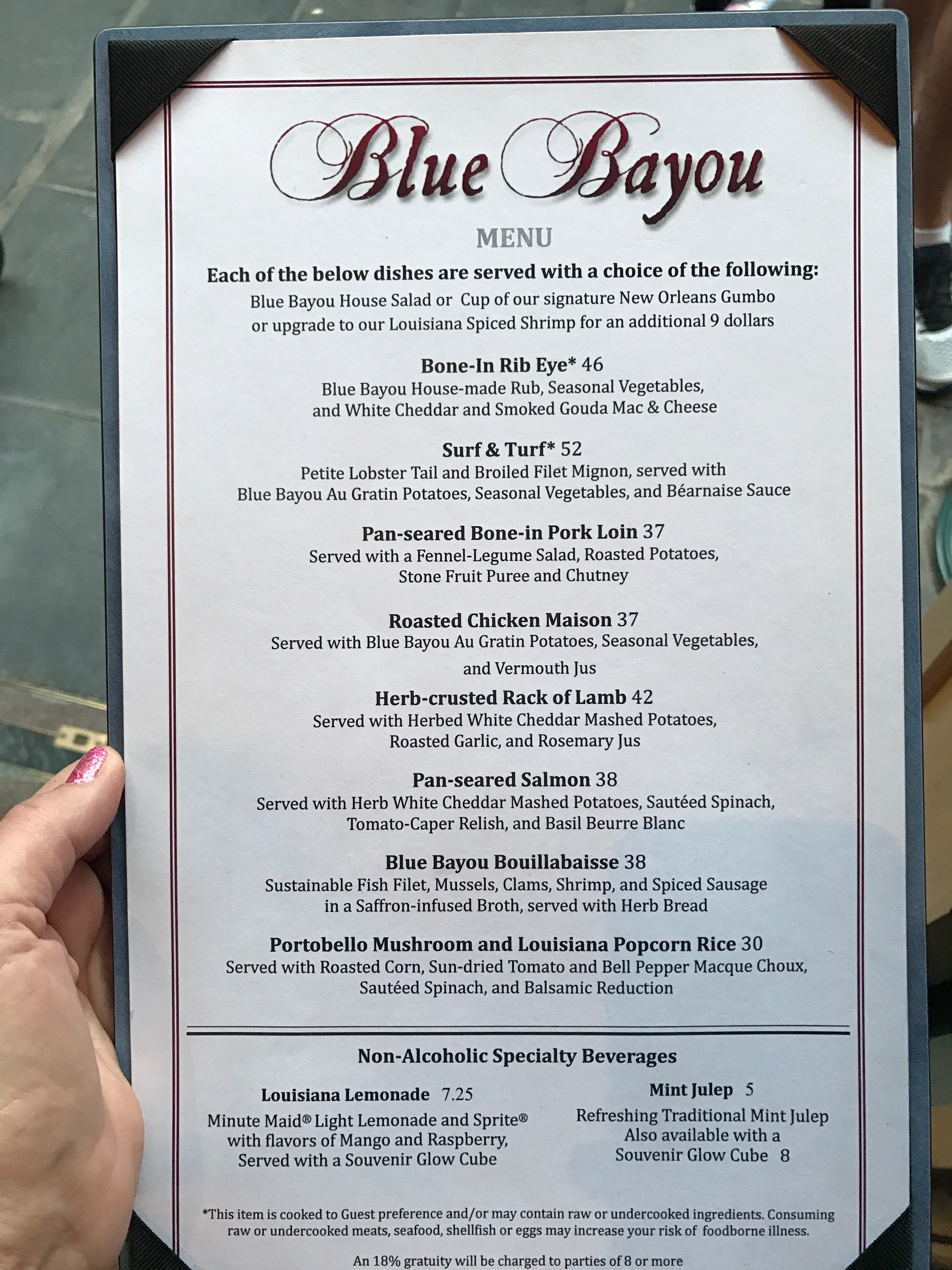 Blue Bayou Menu From Last Night I Really