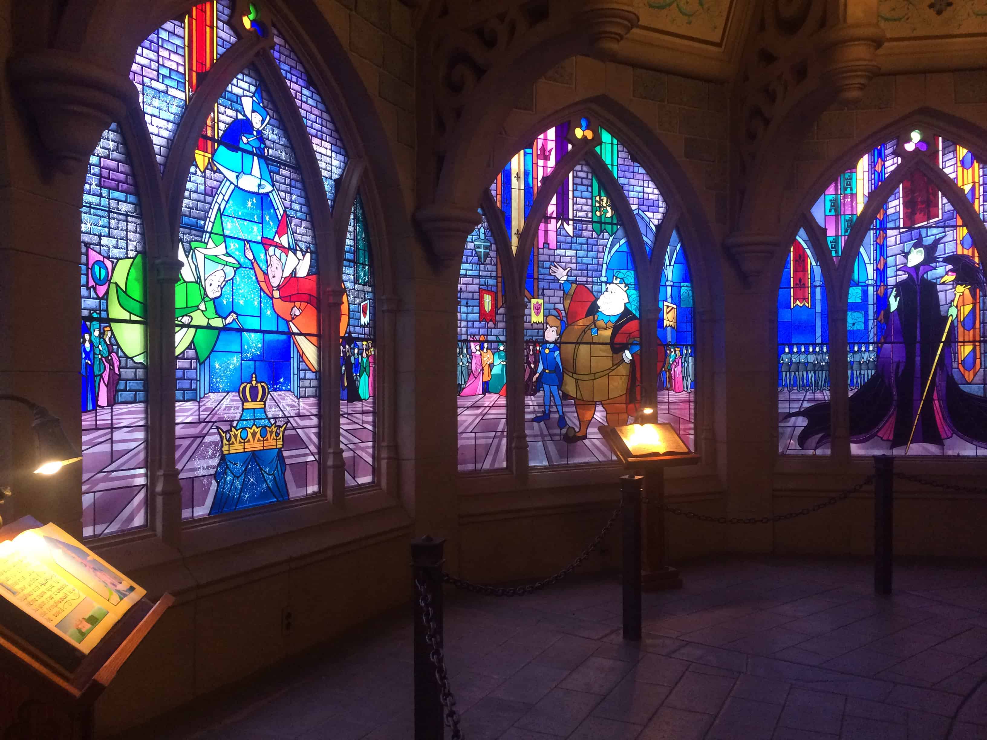 A stained glass window inside The Sleeping Beauty Castle at